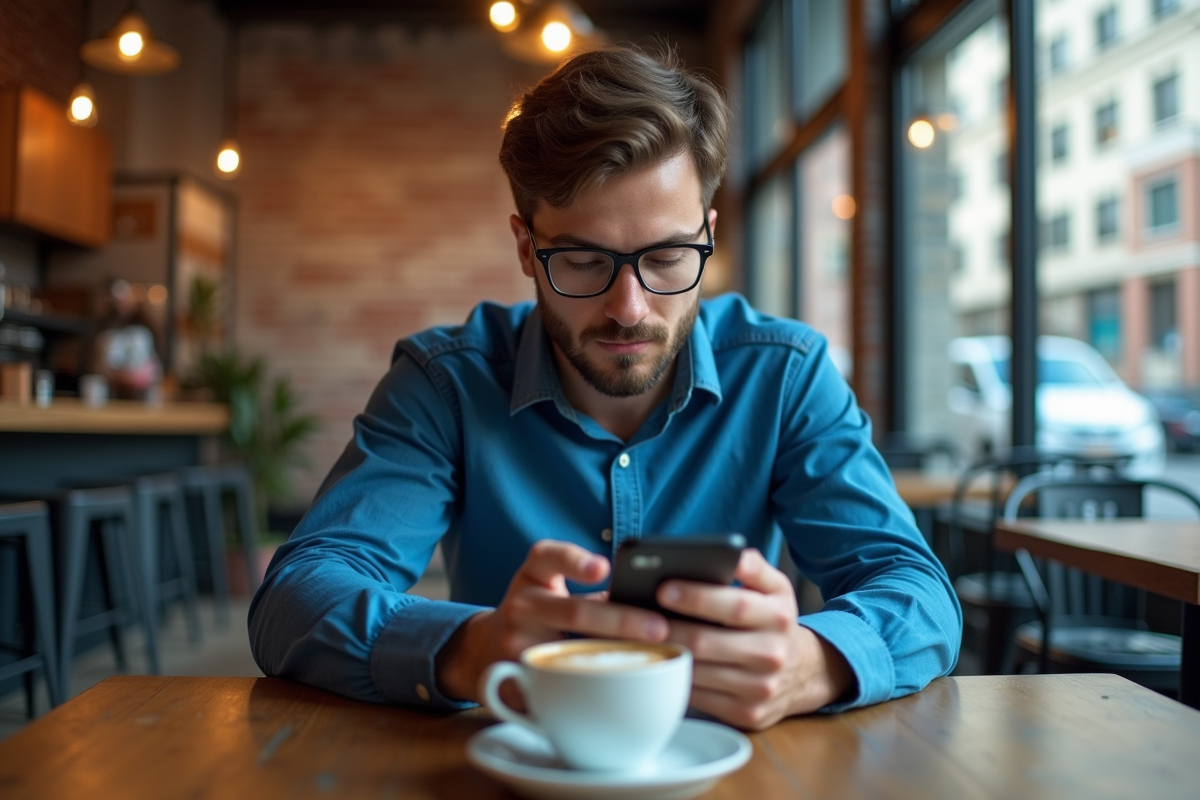 Jeune homme au café utilisant son smartphone avec application