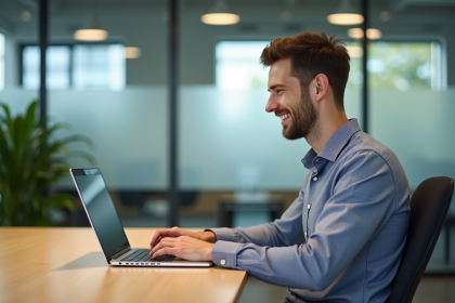 Jeune homme professionnel travaillant sur un ordinateur portable dans un bureau moderne