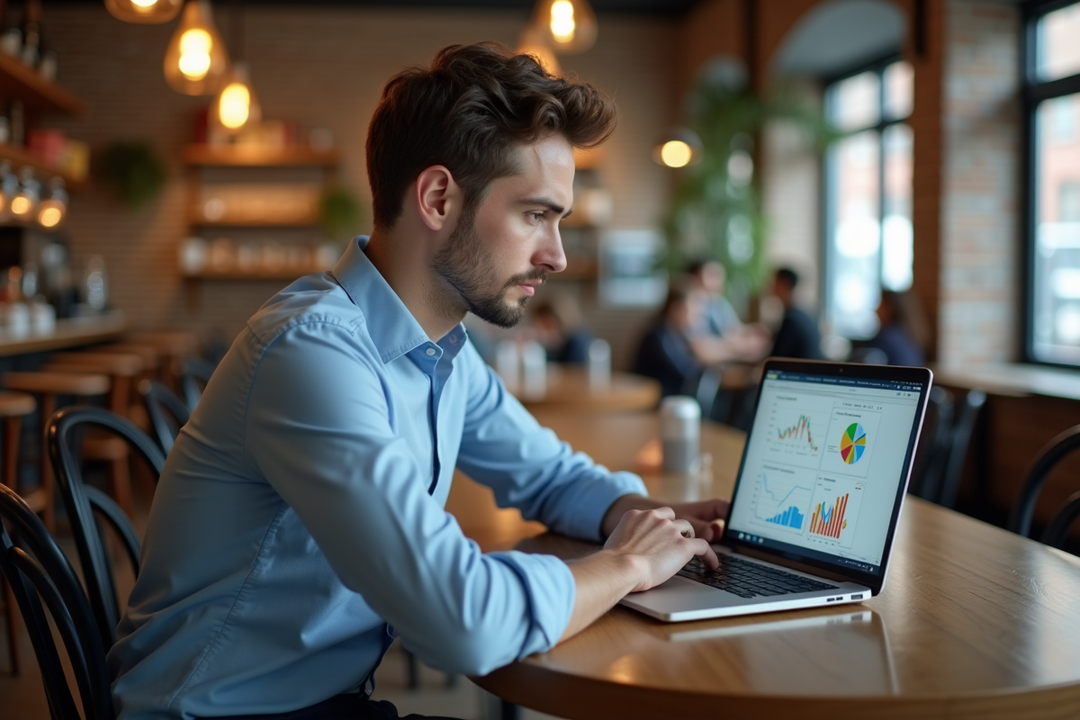Jeune marketeur analysant des données sur son ordinateur au café