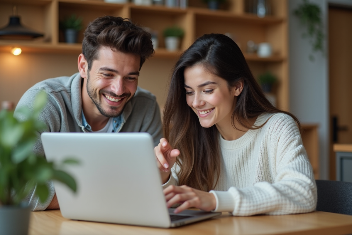 Deux jeunes adultes travaillent sur un ordinateur dans une cuisine lumineuse