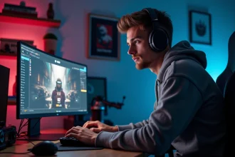 Jeune homme concentré jouant à CS2 dans sa chambre