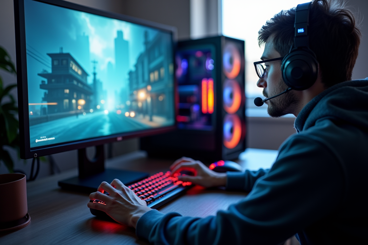 Personne jouant à un jeu sur un PC avec écran lumineux
