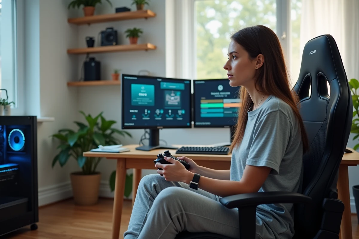 Joueuse adulte dans une salle gaming ASUS avec Armory Crate affiché sur double écran en 2026