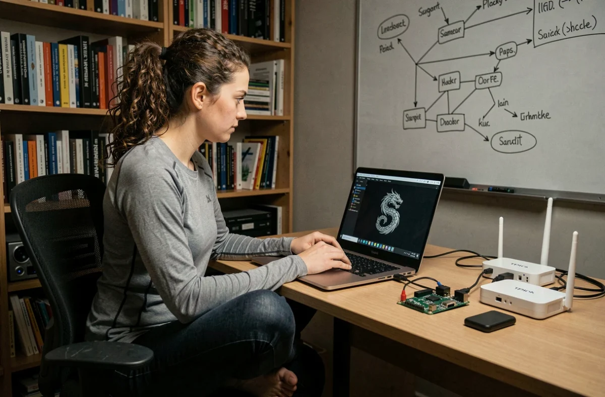 Femme consultant l'écran Kali Linux au démarrage avec un Raspberry Pi 4 connecté à un routeur dans un laboratoire de cybersécurité maison