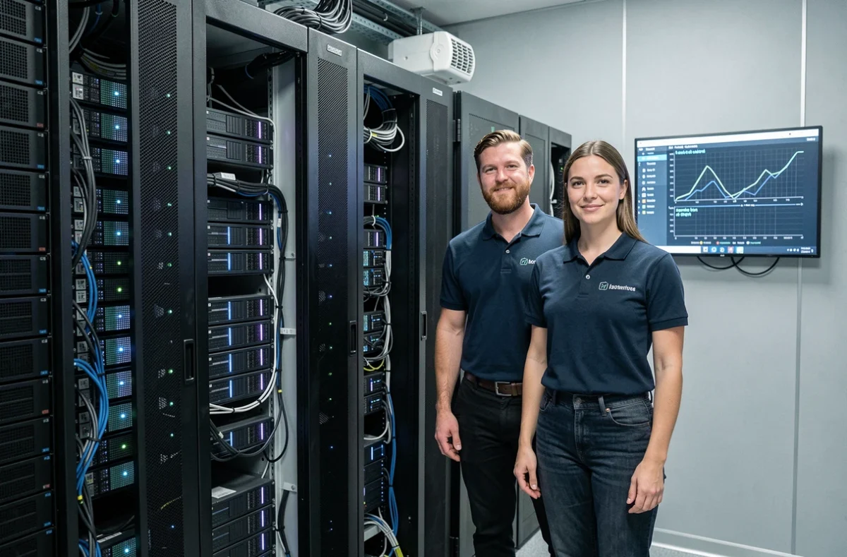 Équipe Koesio en salle serveur gérant l'infogérance informatique pour des entreprises du Doubs