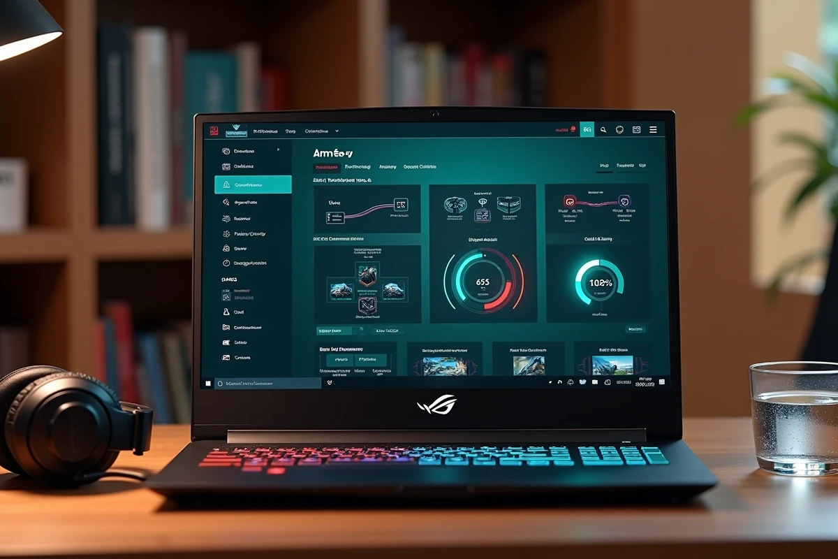 Écran de laptop ASUS ROG affichant l'interface Armory Crate avec modes performances et profils RGB