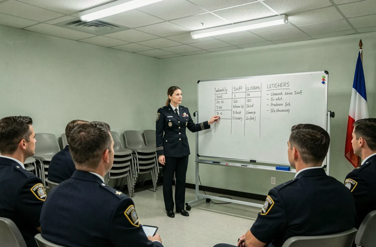 Lieutenant de police présentant le planning des équipes devant des officiers en salle de briefing
