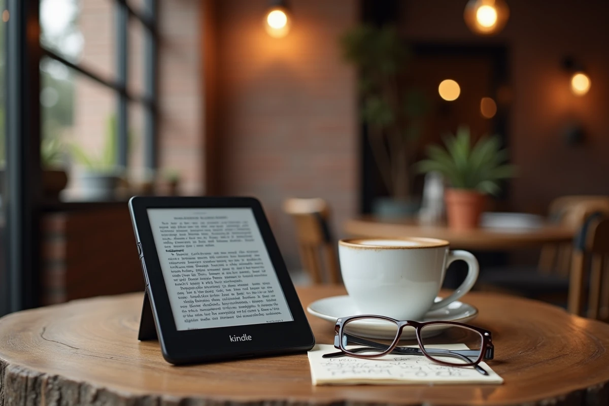 Liseuse Kindle posée sur une table en bois avec une tasse de café et des lunettes de lecture dans un café chaleureux