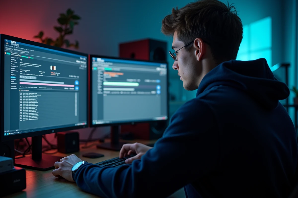 Homme utilisant un logiciel de conversion vidéo pour transformer des fichiers en format MP4 avant le montage sur un poste de travail professionnel