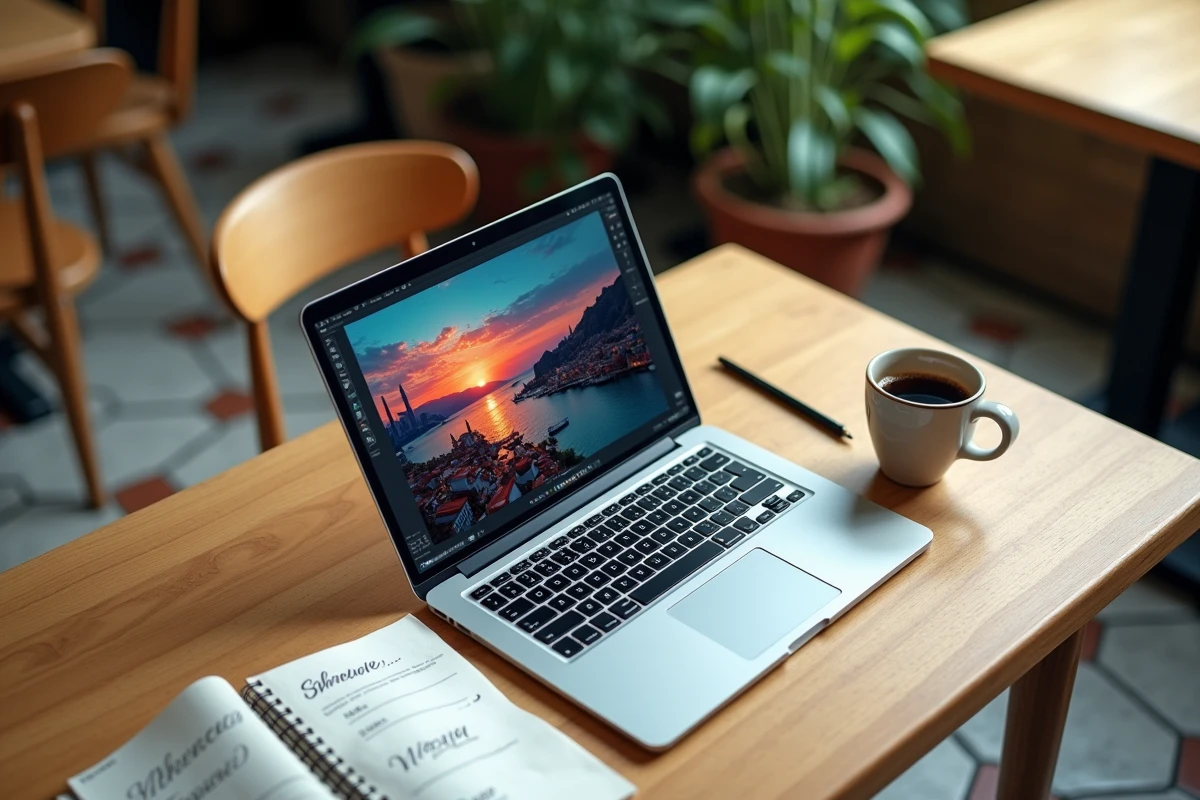 Gros plan d'un MacBook Air ouvert sur un projet graphique dans un café, entouré de croquis et d'un espresso