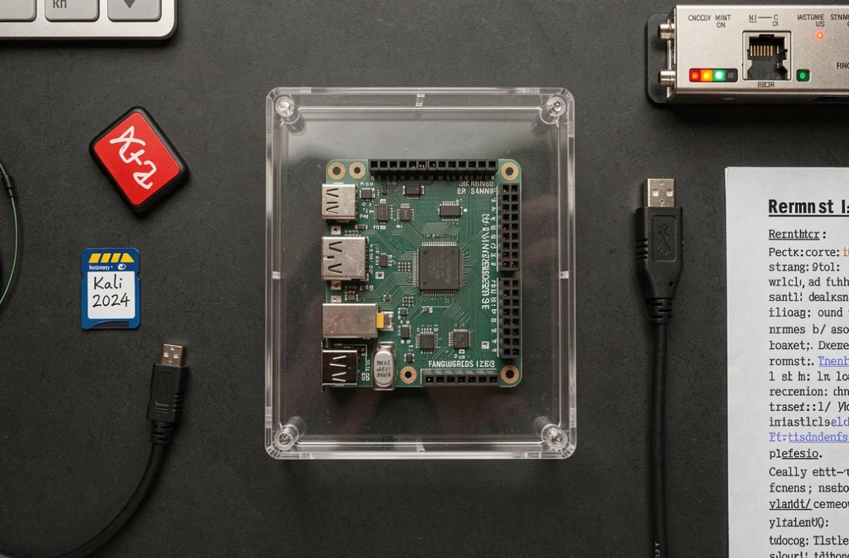 Vue aérienne du matériel nécessaire pour monter un mini-lab de pentest discret avec Raspberry Pi 4 et adaptateur réseau Alfa sous Kali Linux