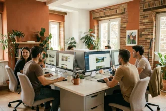 Bureau d'une agence WordPress en Occitanie avec des professionnels travaillant sur des projets web