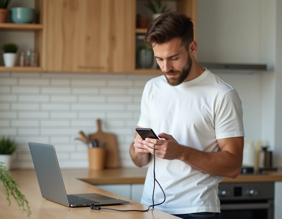 Jeune homme mettant à jour le logiciel d'un smartphone Android connecté à un ordinateur portable