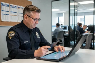 Officier de police consultant un agenda numérique de gestion des gardes sur tablette dans un bureau de commissariat