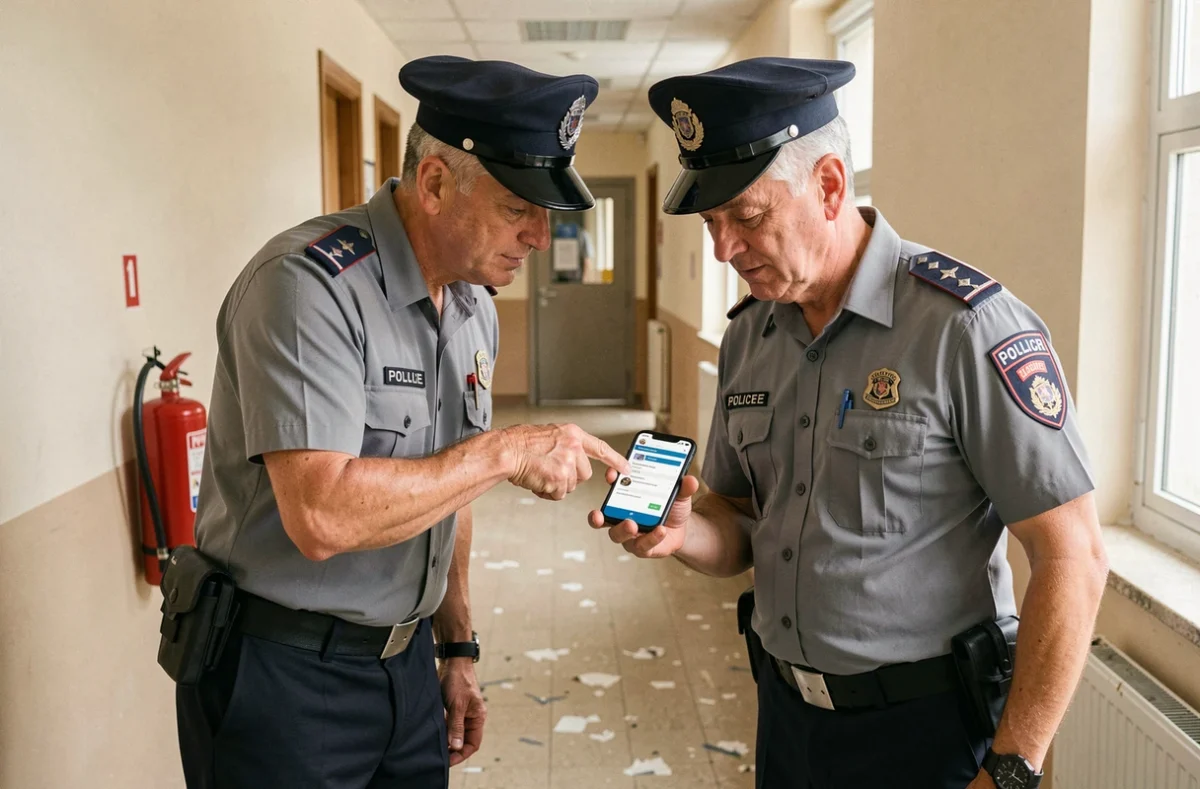 Deux officiers de police consultant une application de suivi des gardes sur smartphone dans un couloir de commissariat