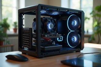 PC moderne avec GPU visible sous lumière naturelle