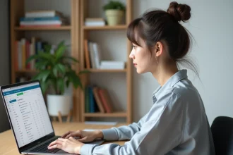 Étudiante organisant ses emails dans Zimbra avec des dossiers et étiquettes colorées sur un ordinateur portable en bureau universitaire