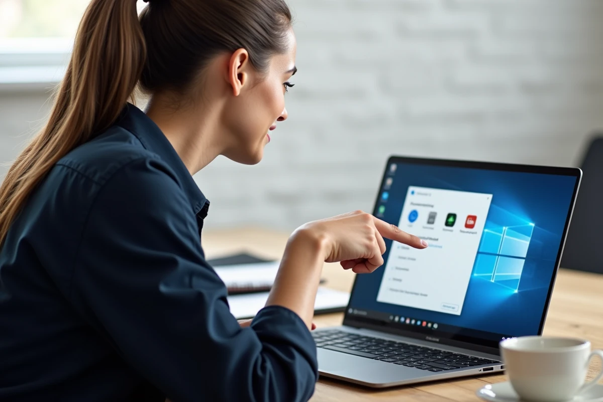 Femme accédant aux paramètres d'icônes du bureau Windows 10 sur un laptop