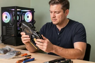 Un passionné de technologie tenant une carte graphique haut de gamme au-dessus d'un bureau encombré de composants PC
