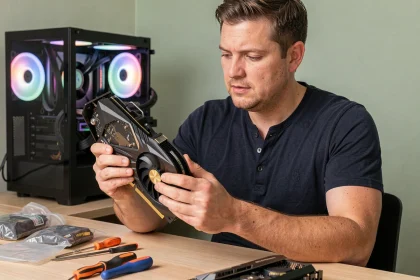 Un passionné de technologie tenant une carte graphique haut de gamme au-dessus d'un bureau encombré de composants PC