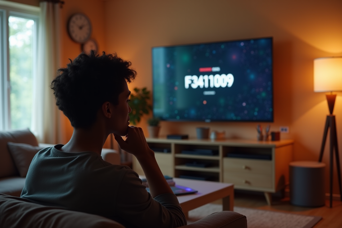Personne pensif devant une télévision avec erreur F34111009 dans un salon lumineux