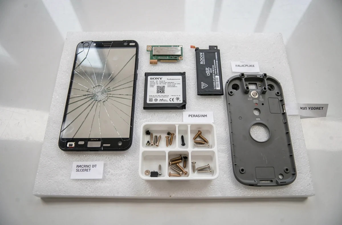 Pièces détachées pour Sony Ericsson disposées sur fond blanc pour remplacement et réparation