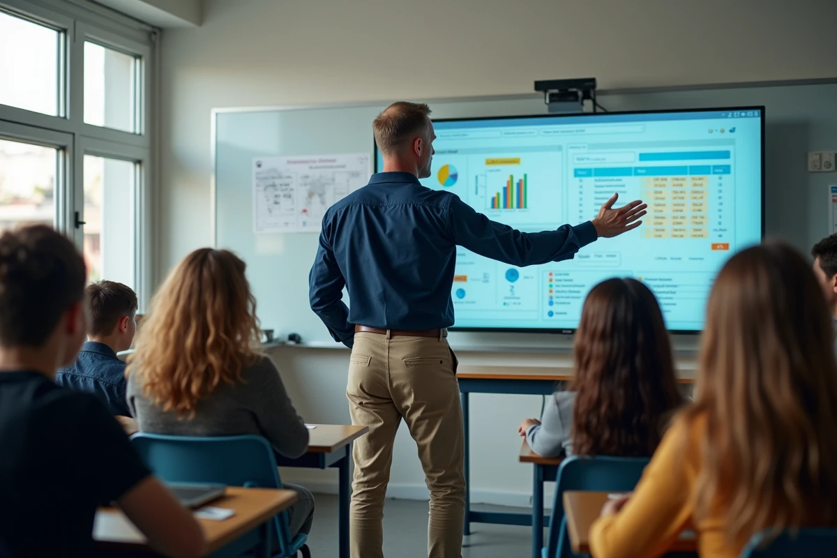 Professeur en classe interactive avec des élèves attentifs