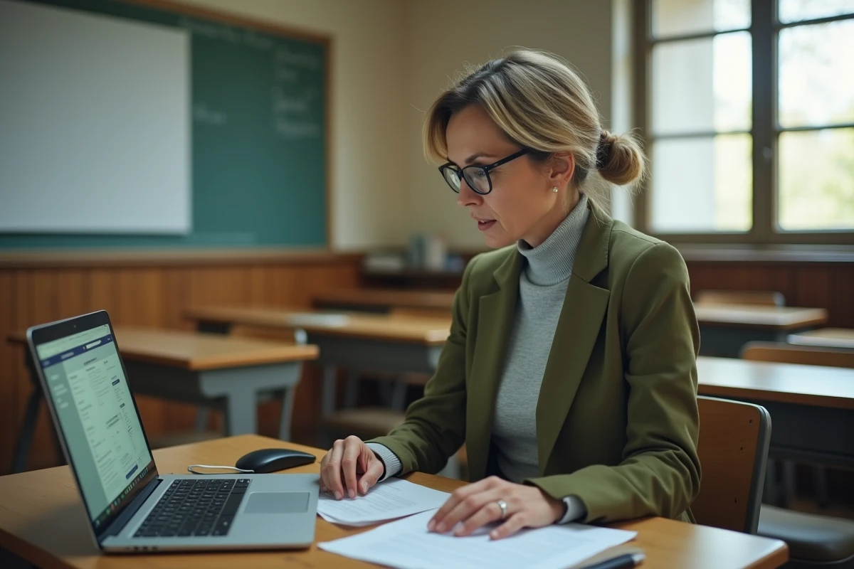 Professeure expérimentée suivant un guide pratique pour configurer sa messagerie académique ac-grenoble dans une salle de classe vide