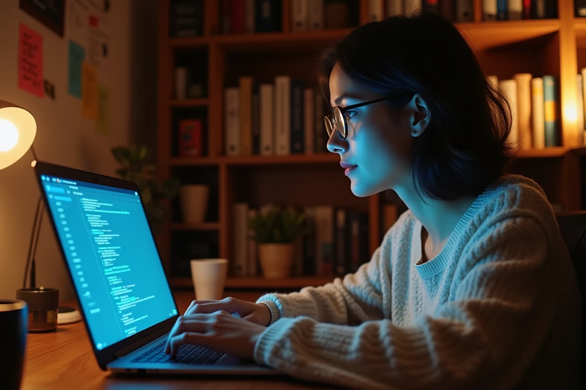 Programmeuse Python travaillant le soir depuis chez elle sur une structure for-else dans un IDE sur son ordinateur portable