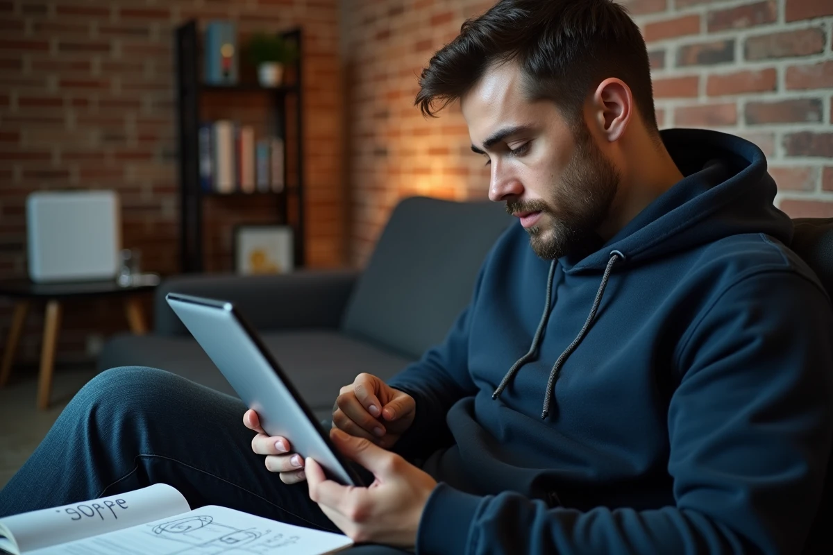 Jeune homme rédigeant un rapport de panne Freebox erreur 20 FF sur une tablette dans son appartement