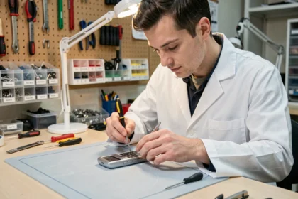 Technicien réparant un téléphone Sony Ericsson sur un établi d'atelier électronique professionnel