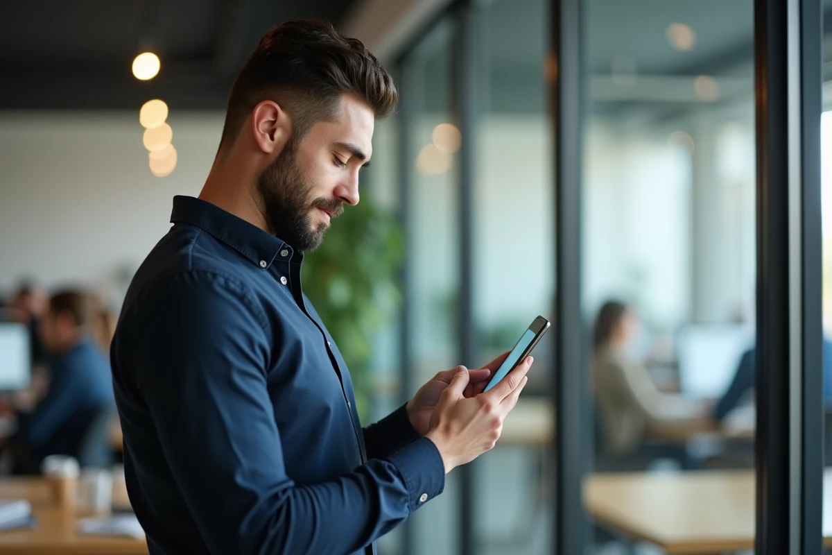 Homme utilisant Instagram sur smartphone dans un espace de co-working pour republier une story en haute définition