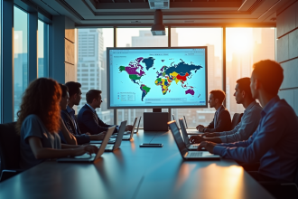 Réunion de bureau moderne avec professionnels et graphiques colorés