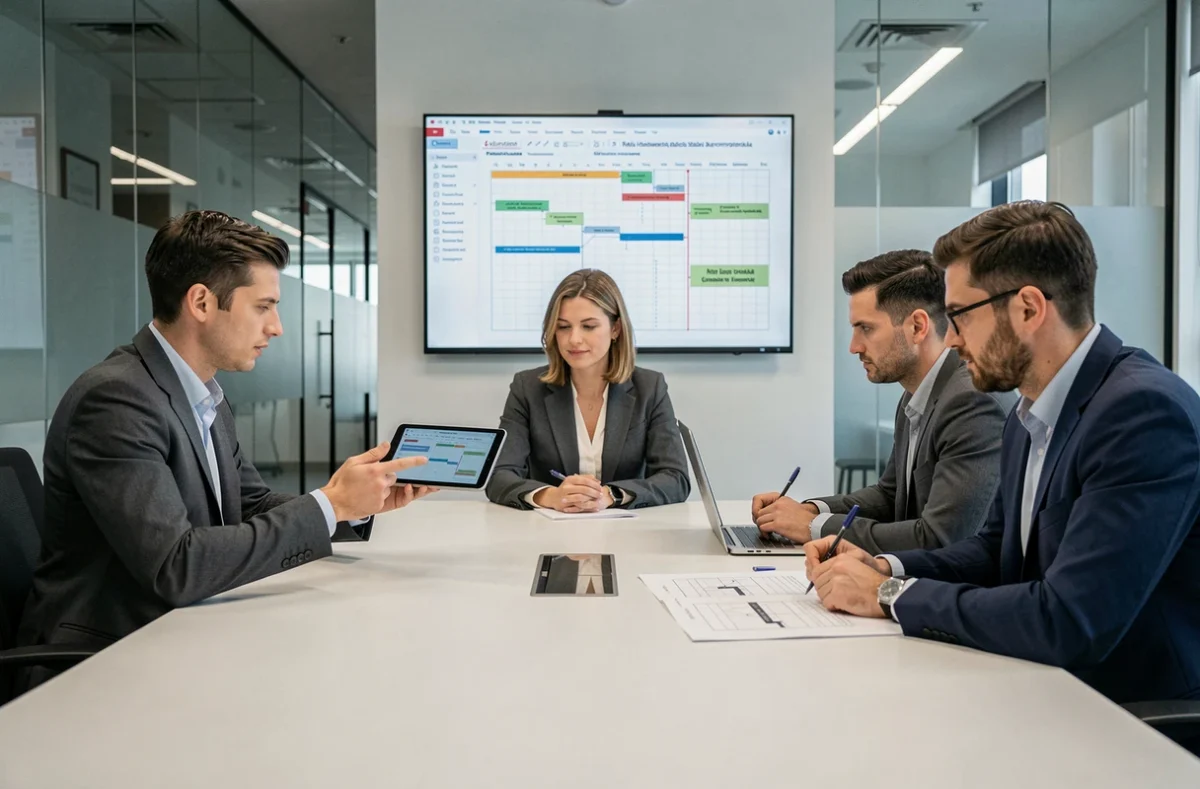 Réunion d'équipe B2B pour la planification d'un projet de développement d'application mobile sur mesure avec des partenaires roumains