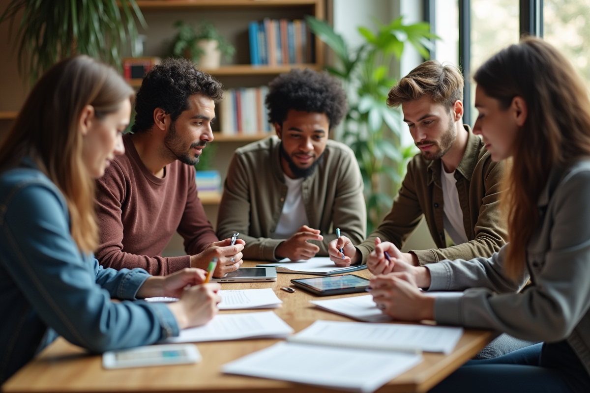 Groupe de personnes discutant autour d une table en bureau lumineux