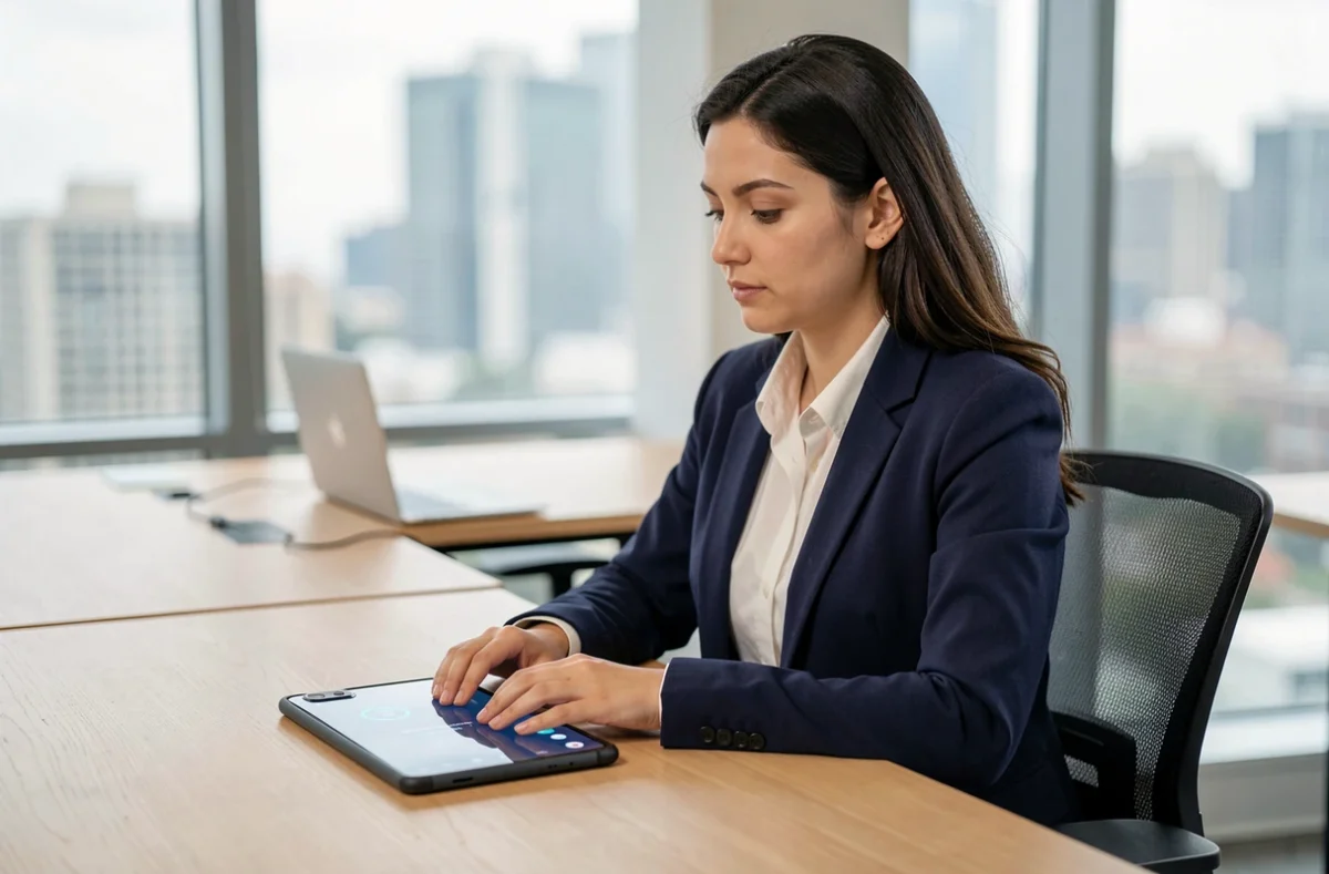 Femme professionnelle utilisant un Samsung Galaxy S23 en 5G dans un espace de coworking moderne