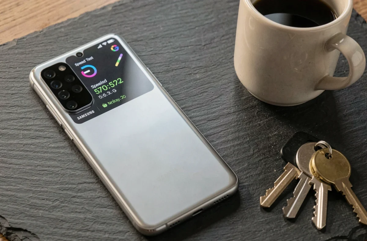Gros plan d'un Samsung Galaxy S23 affichant un test de vitesse 5G posé sur un plan de travail en cuisine