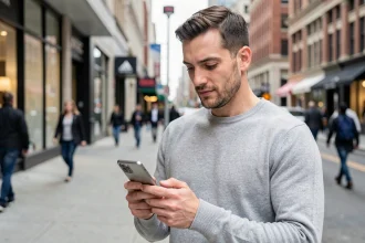 Homme utilisant un Samsung Galaxy S23 connecté à la 5G dans une rue urbaine animée