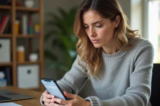 Femme consultant les options de sauvegarde iCloud sur son iPhone dans un bureau à domicile