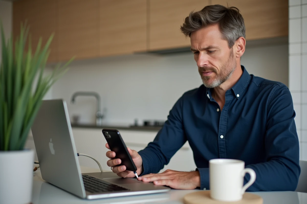 Homme connectant son iPhone à un MacBook pour effectuer une sauvegarde iTunes via câble USB