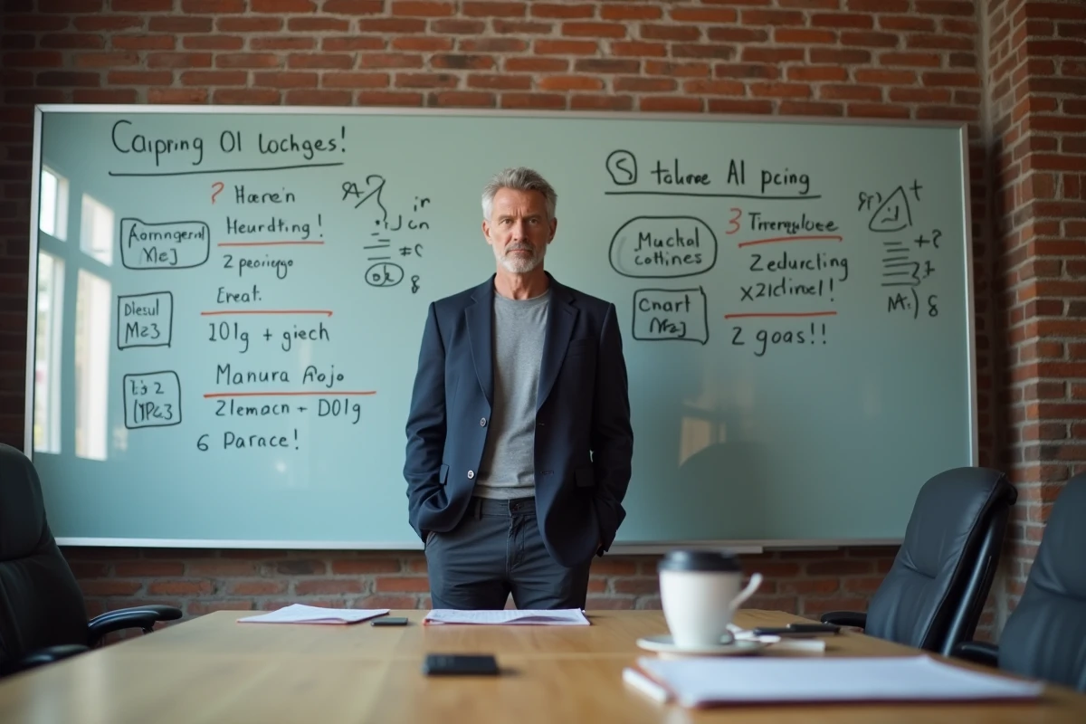 Entrepreneur calculant le seuil de rentabilité d'un outil d'intelligence artificielle devant un tableau de chiffres et de prix dans une salle de réunion startup