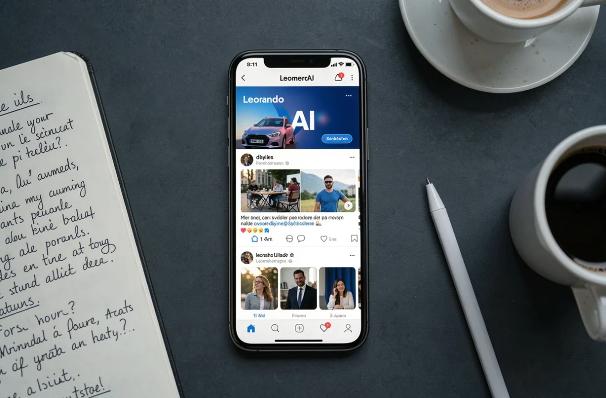 Vue de dessus d'un smartphone affichant l'interface Leonardo AI en français avec des visuels pour les réseaux sociaux