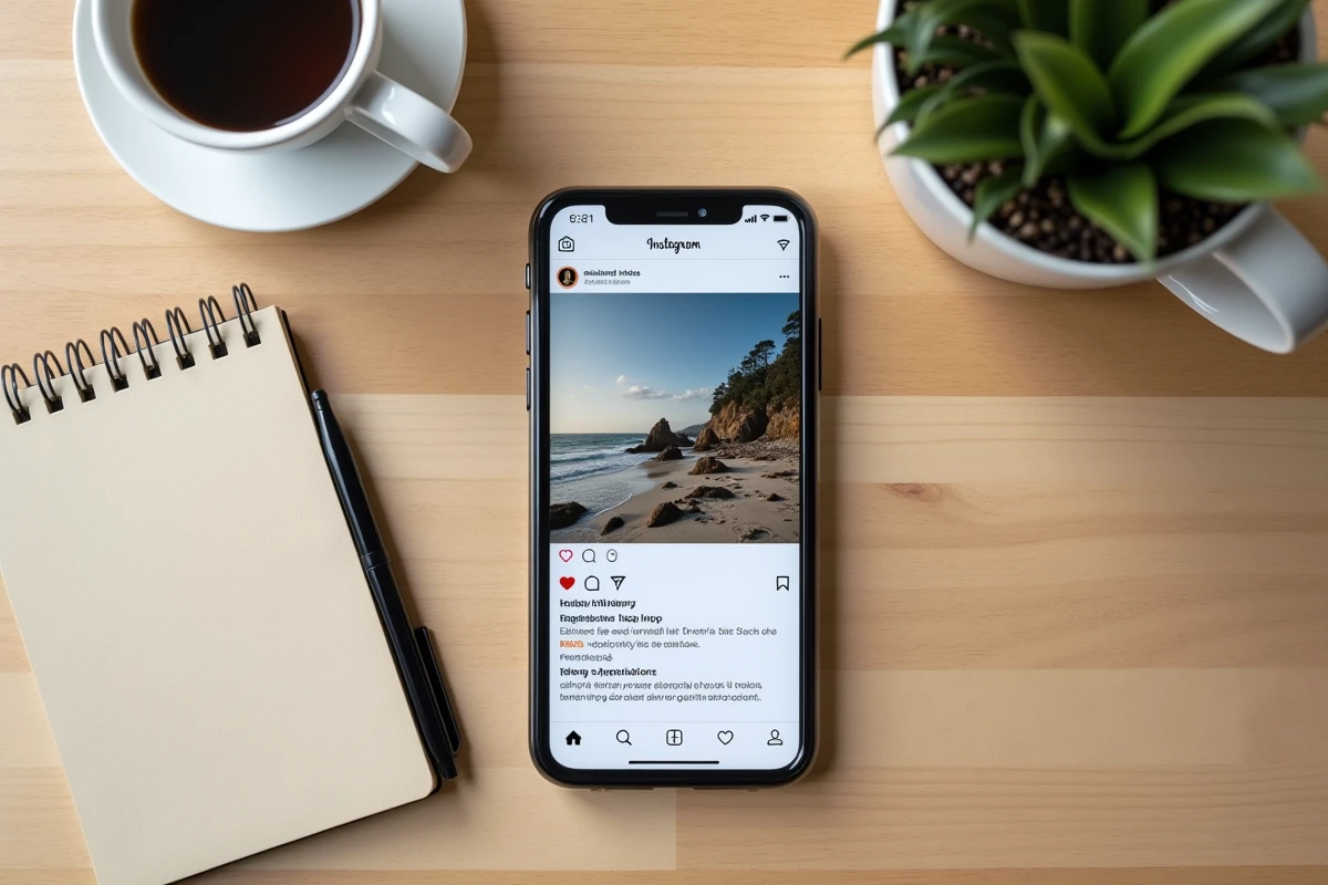 Vue de dessus d'un smartphone affichant Instagram sur une table en bois avec une story en cours d'enregistrement en HD