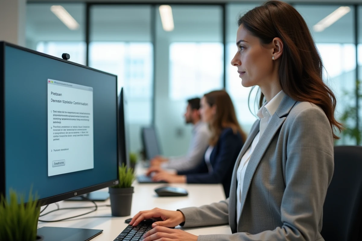 Femme en entreprise face à un écran affichant une boîte de dialogue de suppression de compte Microsoft