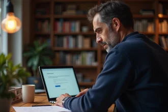 Homme hésitant devant son ordinateur portable lisant les conditions de suppression d'un compte Microsoft