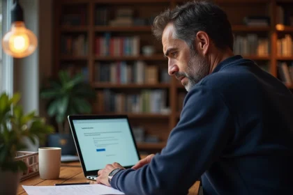 Homme hésitant devant son ordinateur portable lisant les conditions de suppression d'un compte Microsoft