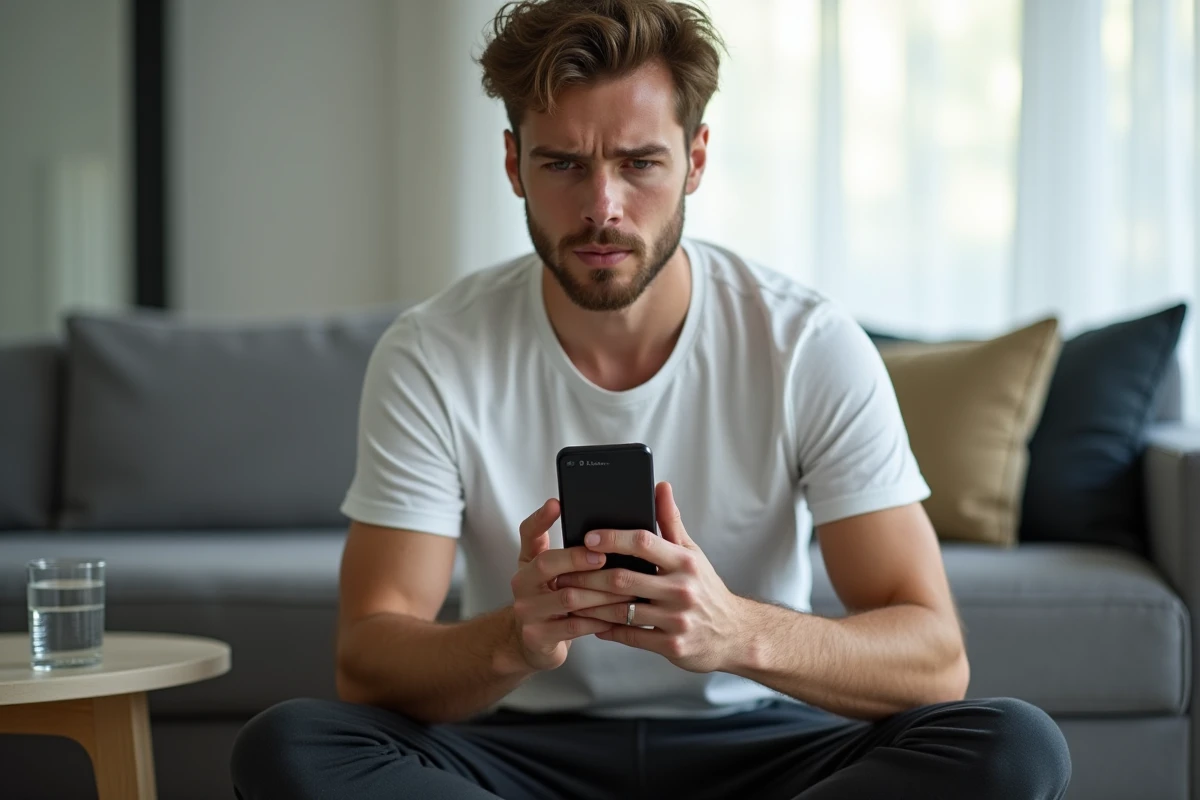 Jeune homme sur son canapé consultant les options de suppression de son compte Microsoft sur smartphone