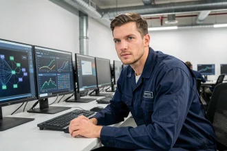Technicien en formation TSRS concentré devant ses écrans dans un centre de formation professionnel
