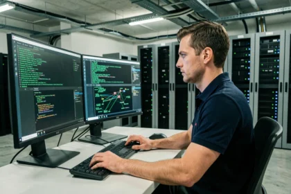 Technicien informatique analysant la configuration DNS sur deux moniteurs dans une salle de serveurs moderne