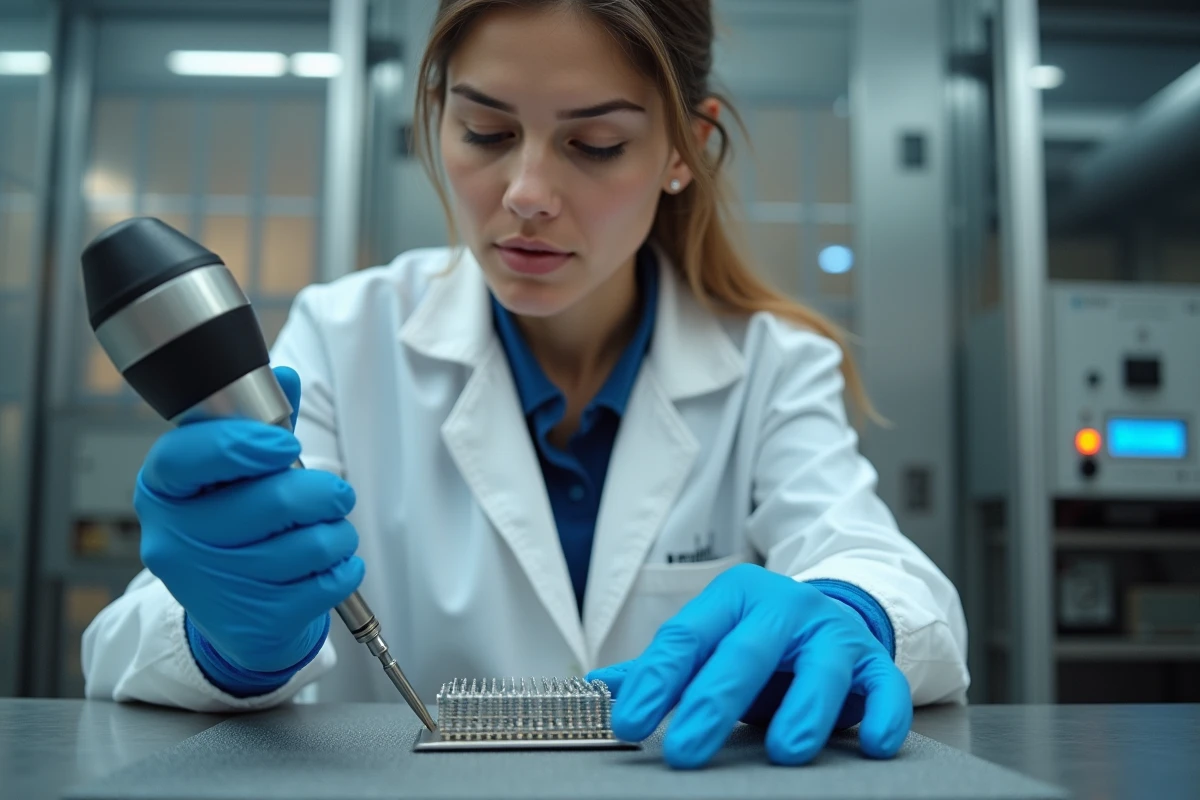 Technicienne testant un composant under bump métallique avec analyseur de spectre dans une salle de tests CEM professionnelle